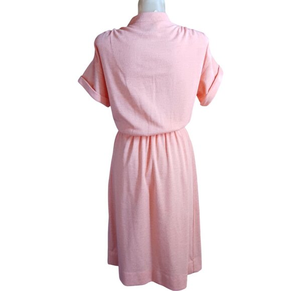 sz 10 Vintage Dress 80's Leslie Fay Salmon Pink Button-Up Belted Dress Stretch - Picture 4 of 6